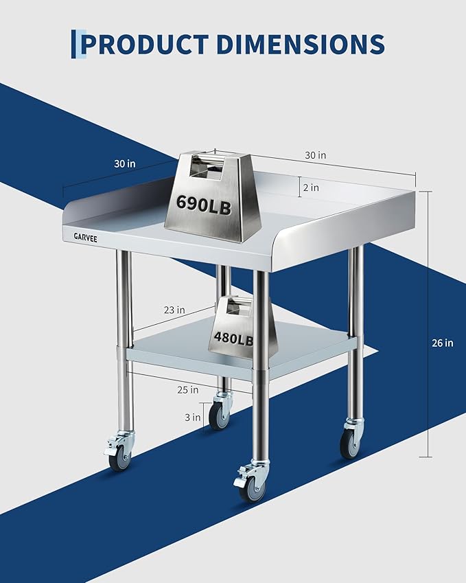 Garvee Stainless Steel Work Table, 30x30x26 Inch Commercial Food Prep Worktable with Wheels, Fixed 3-Sided Backsplash & Height-Adjustable Shelf, Heavy Duty Workbench for Kitchen Restaurant Garage