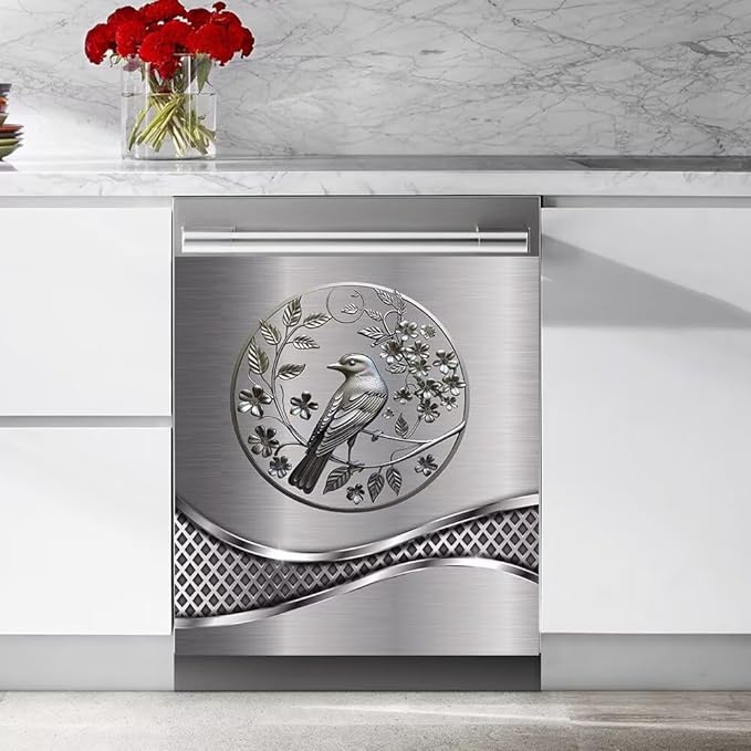 Imitation Stainless Steel Design Bird Wallpaper Dishwasher Magnet Cover Sticker,Refrigerator Magnet Cover Decal Fridge Microwave Stickers Kitchen Decor,23 x 26 Inch