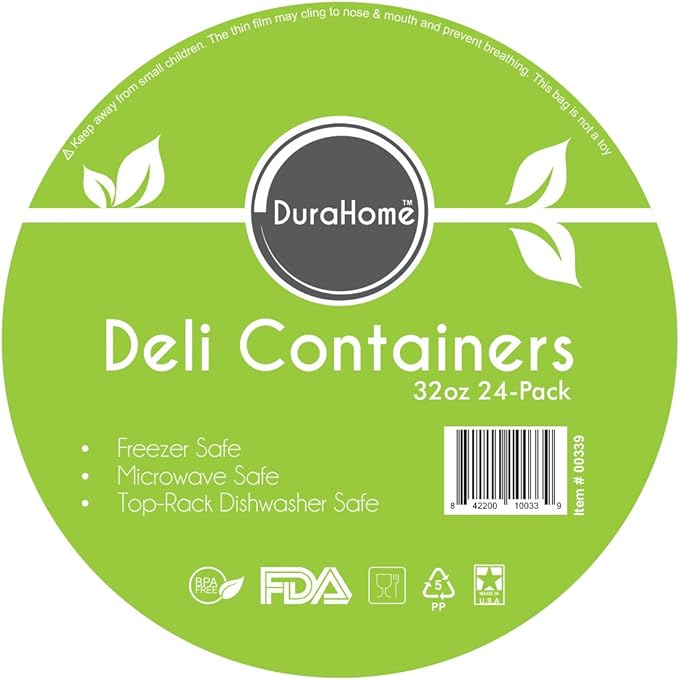 DuraHome - Deli food Storage Containers with Lids 32 oz, Quart Pack of 24 Leak-proof Freezer Safe Microwaveable Soup Storage Container - Clear Plastic Premium Quality
