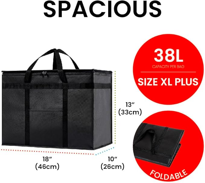 NZ home Insulated Bags for Food Delivery (XL Plus) Grocery Shopping Cooler Bag, Pizza Delivery, Hot & Cold Catering Tote, Reusable, Foldable & Heavy Duty (2 Pack, Blue)