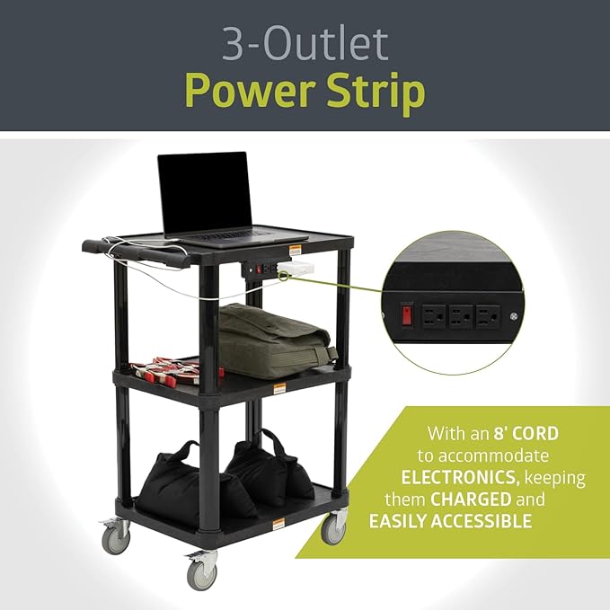 Pearington 3-Shelf Mobile Utility Cart with 3 Outlets and 8' Cord, Heavy-Duty Service Cart for Offices and Warehouses with 3 Shelves, Black, 2 Pack
