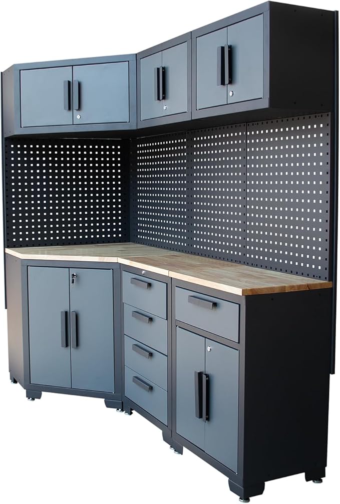 Garage Storage Cabinet System 8-Pcs Garage Cabinets and Storage System Corner Workshop Set with Corner Cabinet, Cabinet Drawers, Workbench, Pegboard for Tool Organization, Black and Grey
