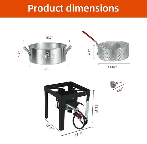 10 Qt Fish Fryer Pot and Basket, Aluminum Propane Fish Fryer Kit with 50,000 BTUs Output and Thermometer for Outdoor and Backyard Cooking, Silver & Black