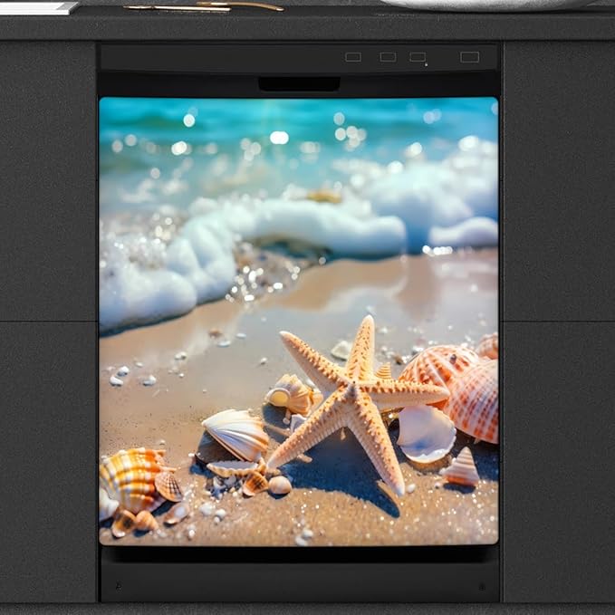 Dishwasher Magnet Cover Sea Beach Starfish Seashell Reusable Dishwasher Magnetic Cover Sticker Decorative Dish Washer Door Cover Panel for Home Kitcen Appliance