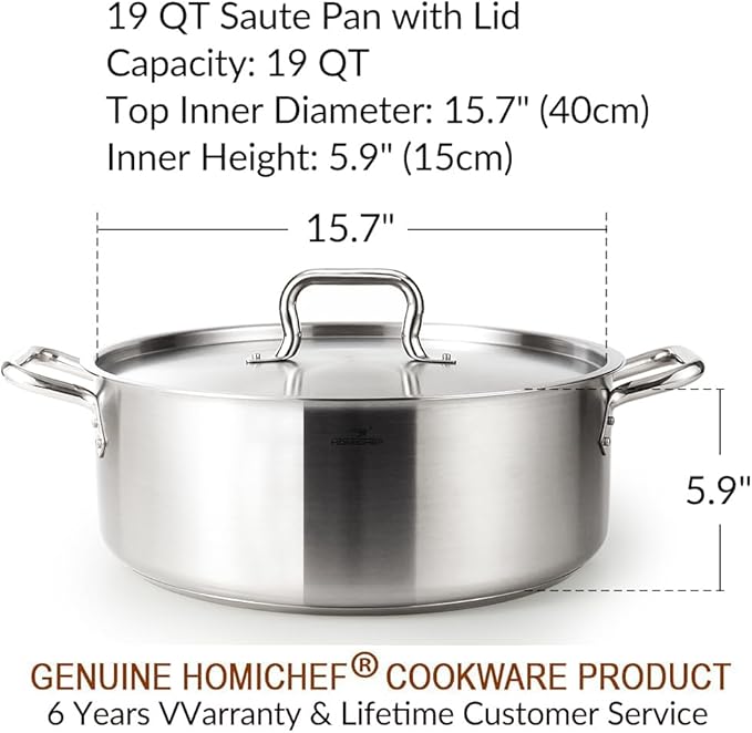 HOMICHEF 19 Quart LARGE Stainless Steel Braiser Pan with Lid - Commercial Grade NICKEL FREE Matte Polished Stainless Steel Braiser Pot 19 QT - Heavy Weight Braising Pan Non Toxic Induction