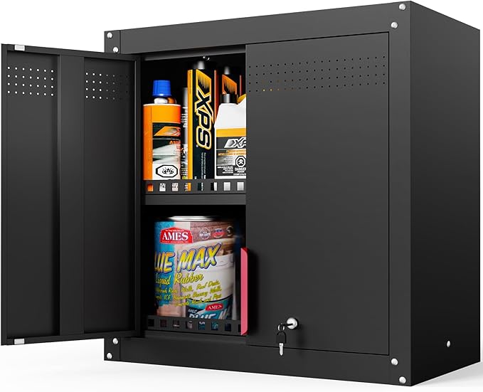 30" Garage Wall Cabinet, Metal Wall Cabinet with Lock & Adjustable Shelf,Heavy-Duty Black Garage Storage Cabinet,Ventilated Metal Wall Cabinets for Workshop & Tools
