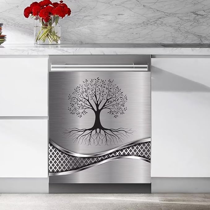 Imitation Stainless Steel Design Tree Painting Magnetic Dishwasher Cover Sticker,Kitchen Decor Magnet Cabinet Fridge Panel Decal Sticker 23W x 26H inchs