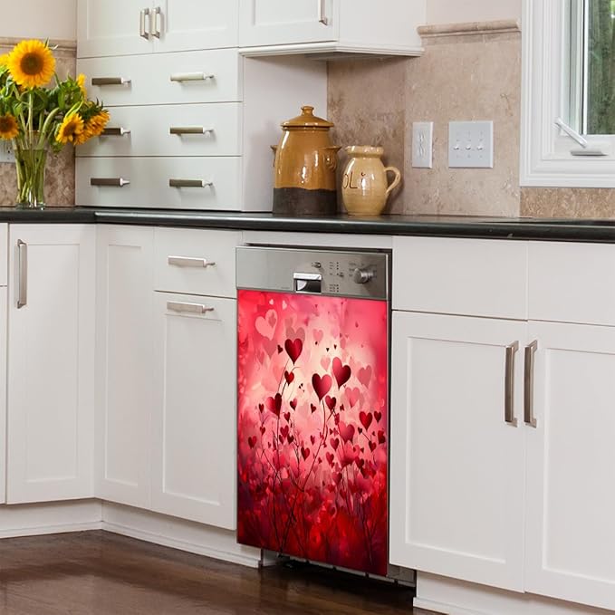 Dishwasher Magnet Cover Red Heart Flower Reusable Dishwasher Magnetic Cover Sticker Decorative Dish Washer Door Cover Panel for Home Kitcen Appliance