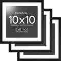 Homeforia 10x10 Picture Frame Black Wood, High-End Oak 10 x 10 Square Frames with Mat 8 by 8 Photo, 10by10 Wooden Frame Matted to 8x8 Print, Wall or Tabletop Frames, Tempered Glass, Wall Kit, Set of 3