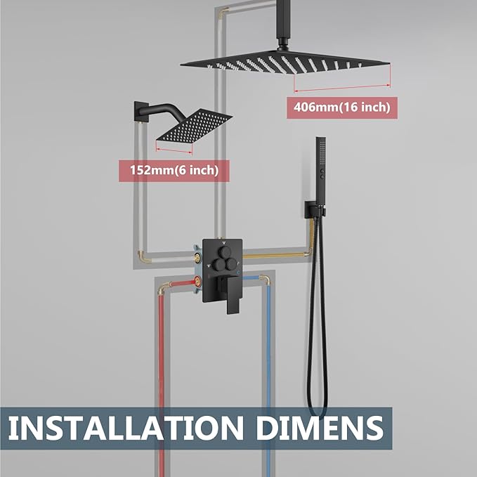 Aolemi Shower Faucet Set Ceiling Mount Shower System Rough-in Valve and Shower Trim Kit 2 in 1 Handheld Spray Push Button Diverter 16 and 6 Inch Dual Shower Head Matte Black