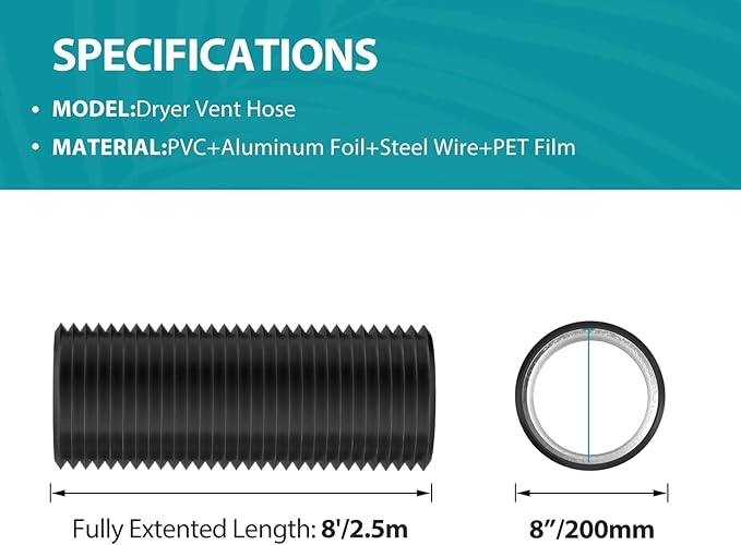 HG Power 8 Inch Air Ducting, 8 Feet Long Flexible Aluminum Dryer Vent Hose, Three Layer Protection Dryer Hose with 2 Clamps for HVAC Ventilation Heating Cooling Exhaust