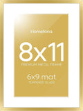 Homeforia 8x11 Picture Frame Gold, High End Metal 8 x 11 Poster Frames with Mat 6 by 9 for Photo, 11x8 Frame Matted to 6x9 inch Print, 8by11 Wall or Tabletop Frames, Tempered Glass, Wall Kit, Set of 1