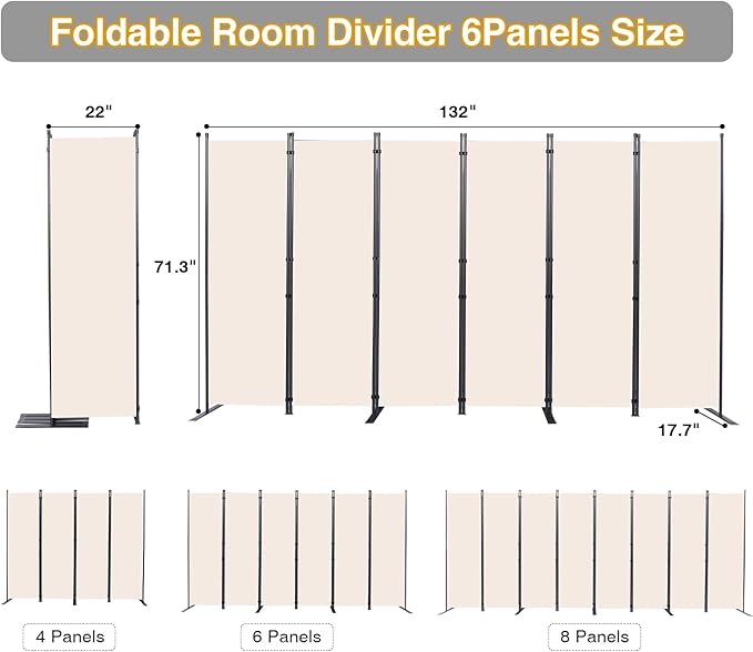 Room Divider, 6 Panel Folding Privacy Screens with Wider Support Feet, 6 Ft Portable Room Partition for Room Separator, 132" W X 71" H, (Beige, 22"- 6 Panel)