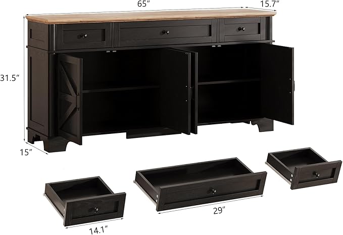 65 Inch Farmhouse Buffet Cabinet with Storage, Black Sideboard Buffet Cabinet with Adjustable Shelves & 3 Drawers, Buffet Table Coffee Bar Wine Bar Storage for Kitchen & Living Room