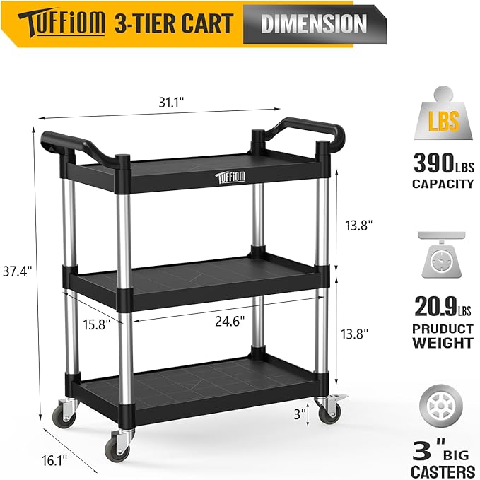 3-Tier Commercial Utility Cart with Wheels, Heavy Duty Rolling Plastic Service Cart, 390 lbs Capacity for Foodservice, Restaurant, Cleaning, Workplace (33.8'' x 16.5'' x 35.8'')