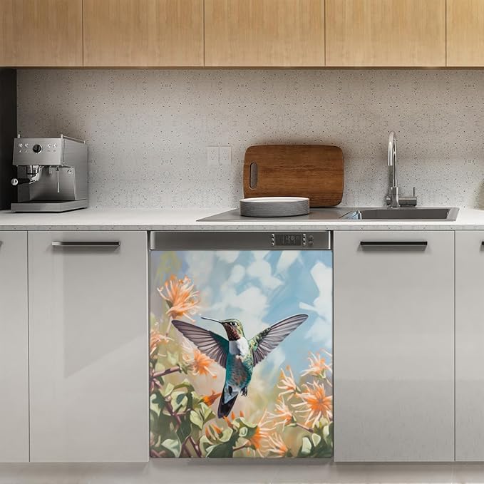 Dishwasher Magnet Cover Flower Hummingbird Refrigerator Covers Magnetic Sheet Sticker Farmhouse Kitchen Decorative Home Cabinet Decals Appliances Stickers, 23x26 inch