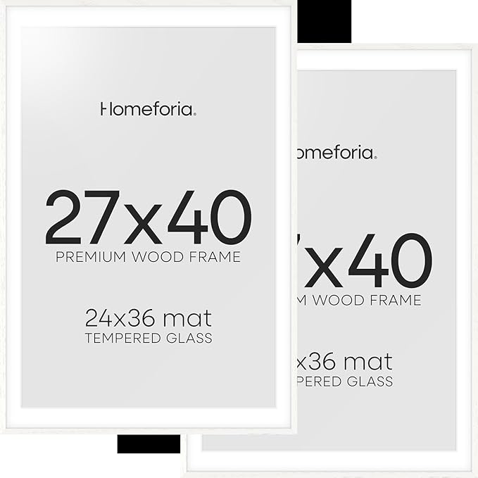 Homeforia White Poster Frame 27x40, High End Oak 27 x 40 Wood Picture Frame with Mat 24 by 36 for Photo, 27x40 Large Wooden Frame Matted to 24x36, 40x27 Thin Frames, Tempered Glass, Wall Kit, Set of 2