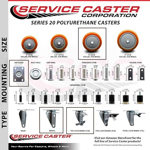 Service Caster Brand Replacement Caster for Uline Caster H-5539SWB - Swivel Top Plate Caster with 4 Inch Orange Polyurethane Wheel and Top Lock Brake - Fits Carts, Dollies and Poly Box Trucks H-1956
