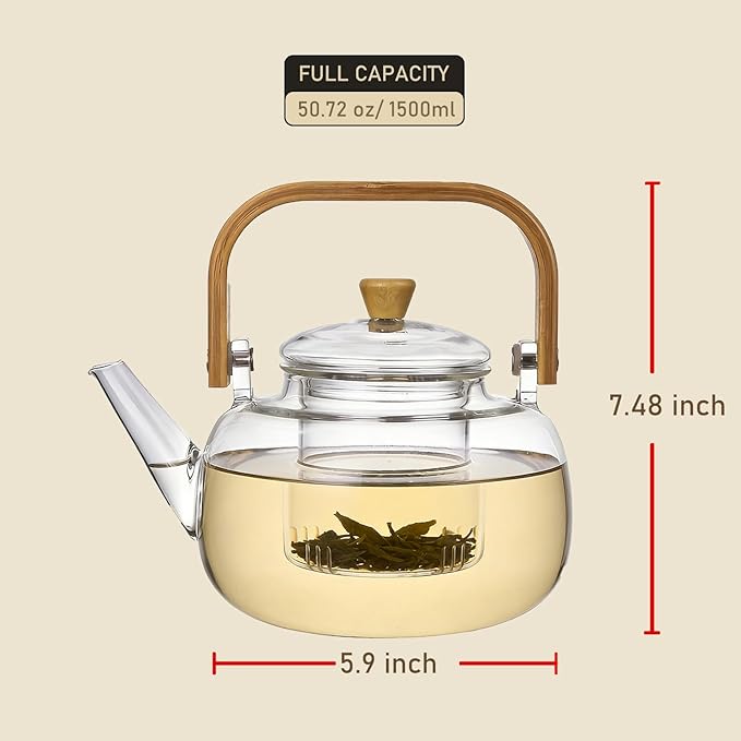 1500ml (50.72oz) Borosilicate Glass Teapot with Wooden Handle, Stovetop Safe Large Tea Kettle with Removable Glass Infuser for Blooming Tea and Loose Leaf Tea