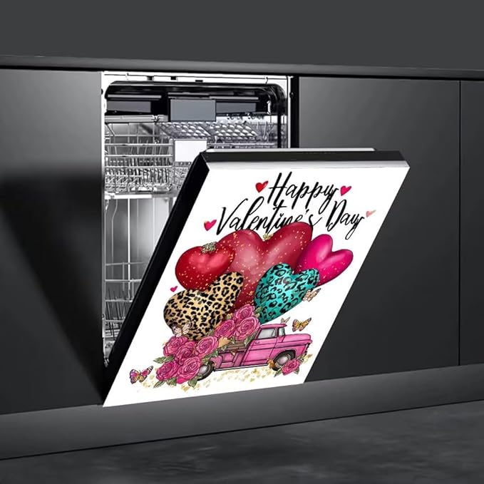 Happy Valentine's Day Magnetic Dishwasher Cover Vinyl Sticker,Pink Truck with Hearts and Roses Dishwasher Magnet Cover, Fridge Door Cover Magnets Art Skin Panel Decal for Home Decor, 23"X26"