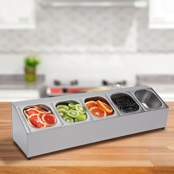 Pizza Toppings Station Storage Condiment Organizer Divider Food Container with 5 Pans & Lids, Stainless Steel Kitchen Condiment Divider Pizza Prep Ingredients Holder, Grill Table Serving Tray