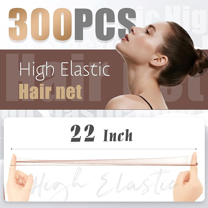 Hair Net Set: 300 Pieces 22-Inch Brown Nets, For Food Service, Bun Making, Ballet