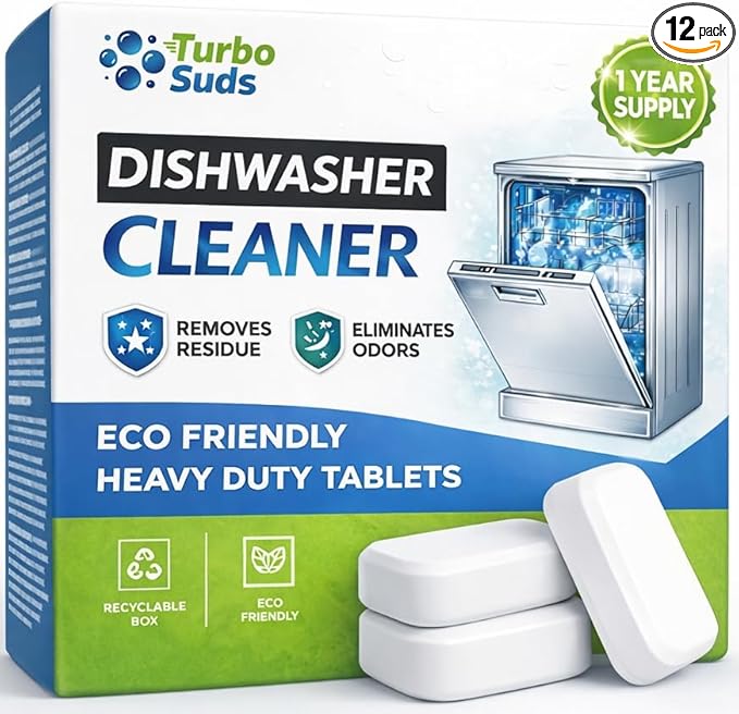 Dishwasher Cleaner and Deodorizer XL Tablets – Heavy-Duty Descaler & Odor Remover for Hard Water, Removes Spots & Residue, Enhance Drying & Shine, 12 Pack (1 Year Supply)