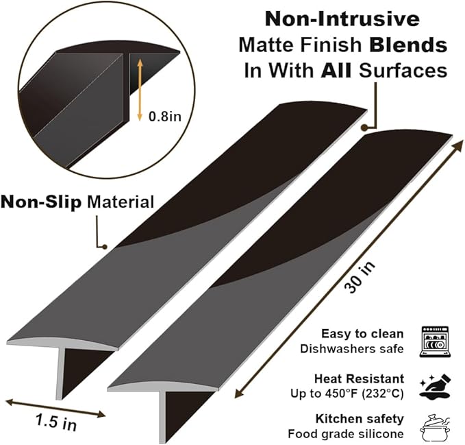 Silicone Stove Counter Gap Cover,30 Inches (for 0.2-1 inch Gap) Extra Long Kitchen Range Gap Filler,Heavy 10 oz, Cut to any size 21&25 (Set of 2,Black)
