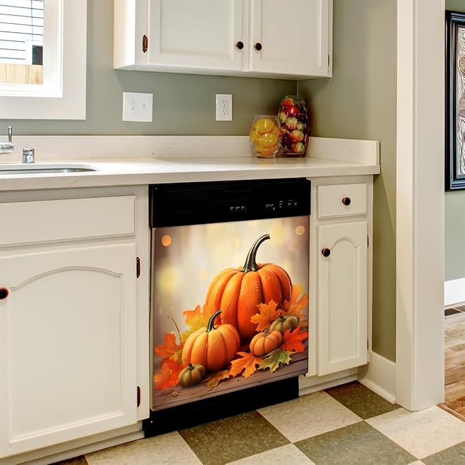 Fall Maple Leaf Pumpkin Dishwasher Magnet Cover Magnetic Dishwasher Decorative Cover Front Dishwasher Door Covers Reuseable Dishwasher Covers Panel for Kitchen Refrigerator Home Appliances 23" X 26"