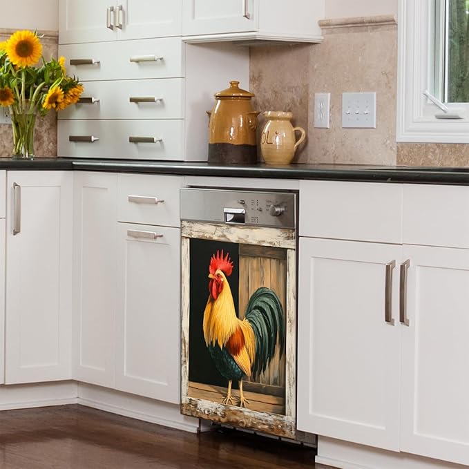 Animal Rooster Wooden Dishwasher Magnet Cover Front Dishwasher Cover Decor Reusable Magnetic Door Cover Panel Decal Home Appliances Stickers Kitchen Refrigerator Fridge 23"x26"