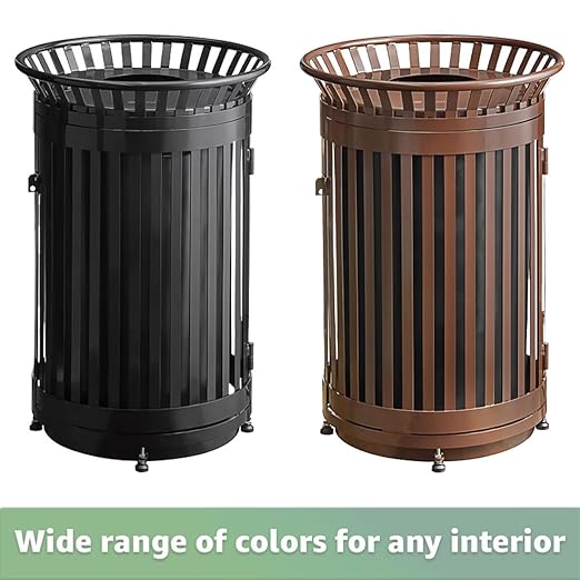 45 Gallon Commercial Brown Waste Bin with Flat Lid & Door, Heavy-Duty Outdoor Trash Can Steel Slatted, Round Recycle Container, Durable Garbage Can for Parks, Municipalities, Schools, Parking