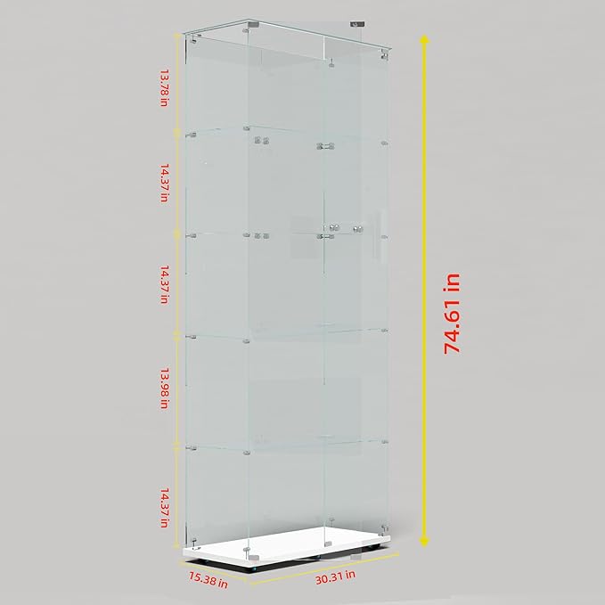 Yoluckea 5 Tiers Glass Display Cabinet with Bluetooth LED Light Strip, 2 Doors Floor Standing Curio Cabinet with Universal Wheel for Home Office Display,White Glass Bookshelf for Collections,Clear Top