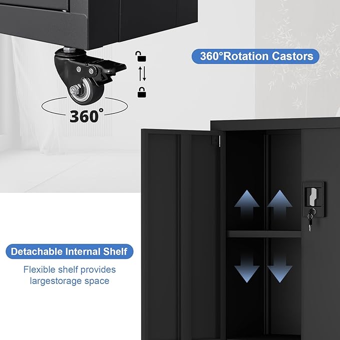 Metal Storage Cabinet,Lockable Garage Storage Cabinets with Wheels,Rolling Tool Cabinet with Doors and Shelves,Basement,Office,Black