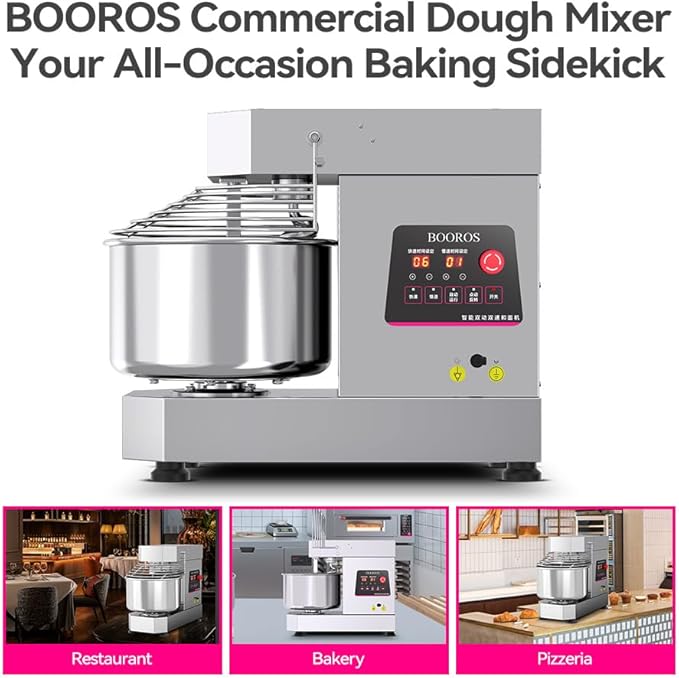 BOOROS Commercial Dough Mixer 750W Dual Rotating Dough Kneading Machine Pizza Dough Mixer 10.5Qt Capacity with Timer & Safety Shield Make 2.2-11Lbs of Dough Suitable for Bakery Pizzeria,110V
