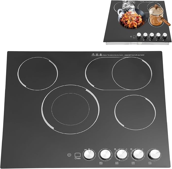 4 Burners 24” Electric Cooktop, 3400W Electric Stovetop, Built-in Induction Stove Top for Home Kitchen, Stainless Steel Glass Ceramic Cooktop with Child Lock