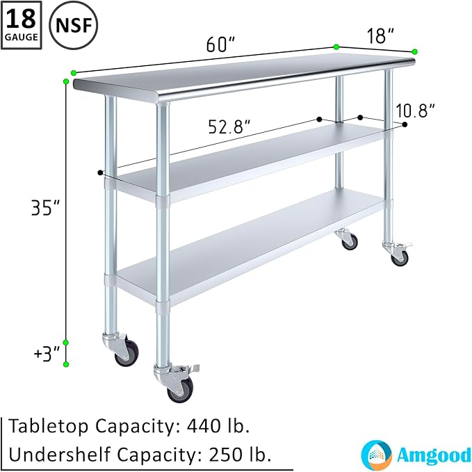 AmGood Stainless Steel Work Table with 2 Shelves and Casters | Metal Utility Table On Wheels (Stainless Steel Work Table with 2 Shelves + Casters, 60" Long x 18" Deep)