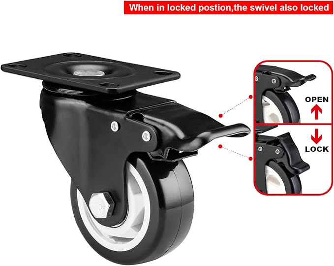 3 inch Caster Wheels, Casters Set of 4 Heavy Duty - CLOATFET Locking Swivel Casters with Brake (Top Plate), Non Marking Black Castor Wheels for Cart Furniture Workbench