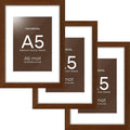 Homeforia A5 Picture Frame Brown, High-End Dark Oak 5.8x8.3 Wood Frame Matted to 4.1x5.8 inch Photo, A5 Size Walnut Wooden Frames with Mat A6 Print, 5.8 x 8.3 Frame, Tempered Glass, Wall Kit, Set of 3
