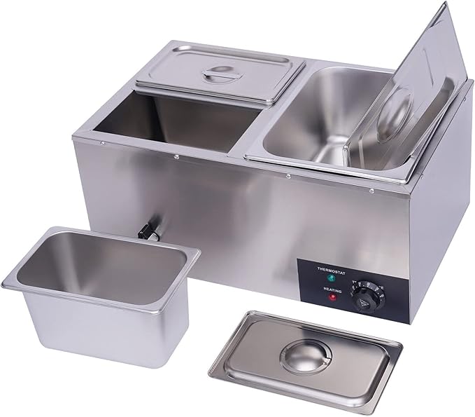 3-Pan Commercial Steam Table, Electric Bain Marie Food Warmer 600W Stainless Steel Countertop Buffet Food Warmer Container 21.6Qt with Lid and Tap for Catering, Restaurant, Buffets