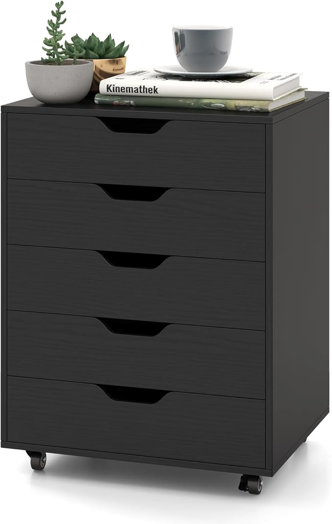File Cabinet, Mobile Filing Cabinet w/Universal Wheels & 5 Drawers, Wood Printer Stand with Storage, Rolling File Cabinets for Home Office, Living Room, Bedroom (Black, 5 Drawers)