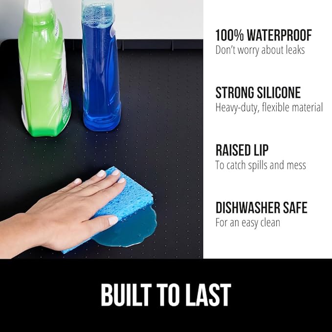 GORILLA GRIP Waterproof Silicone Under Sink Mat with Raised Lip for Kitchen and Bathroom, Cabinet Shelf Liner Stay in Place Mats Dishwasher Safe Drawer Liner, Organizer Tray, 19 x 22 in, Black