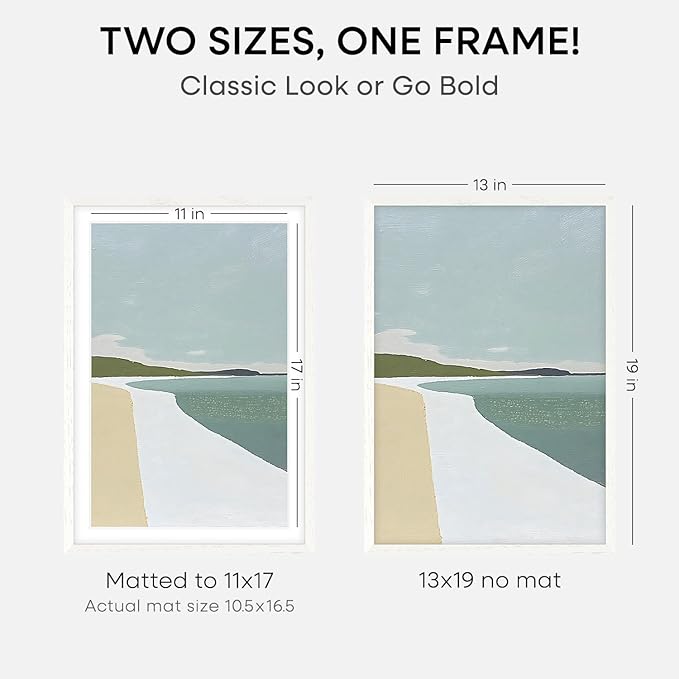 Homeforia 13x19 Picture Frame White, High End Oak 13x19 White Wood Frame with Mat 11x17 Photo, 13 x 19 Wooden Poster Frames Matted to 11 by 17, 19x13 Hanging Frames, Tempered Glass, Wall Kit, Set of 2