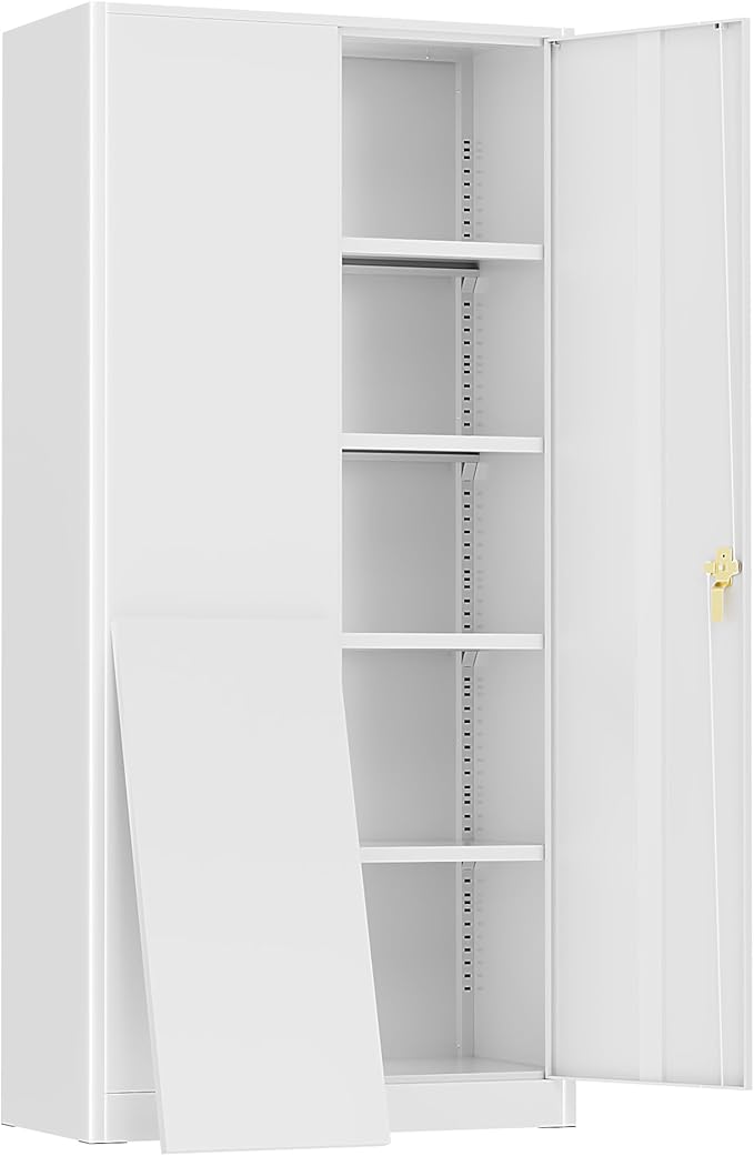 Oakmont Metal Storage Cabinet for Tool Organization, 72" Lockable Garage Storage Cabinets with 2 Doors and 4 Adjustable Shelves, Locking File Cabinet for Office, Home, School (72“ Wide-White)