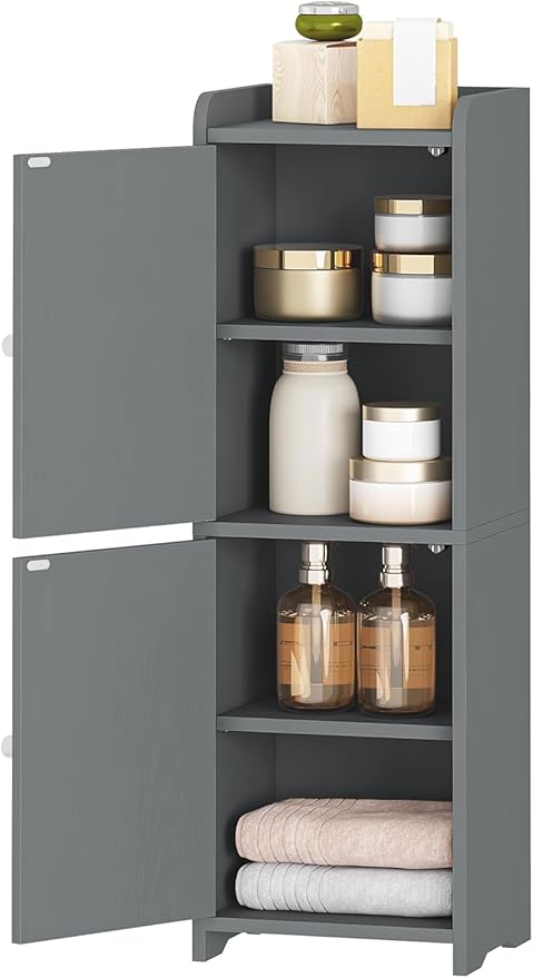 Bathroom Storage Cabinet, Small Corner Floor Cabinet with 2 Doors and Adjustable Shelf, Narrow Toilet Paper Cabinets, Bathroom Organizer for Small Spaces, 7.9" D x 9.8" W x 29.5" H Gray