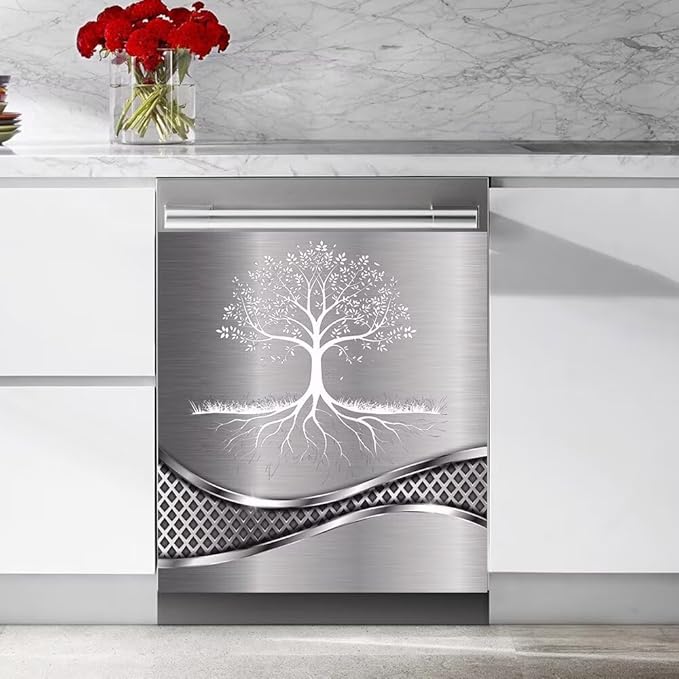 Imitation Stainless Steel Design Tree Painting Dishwasher Magnetic Cover Sticker Refrigerator Door Panel Fridge Appliance Magnet Decal Sheet Kitchen Decor 23x17 inch