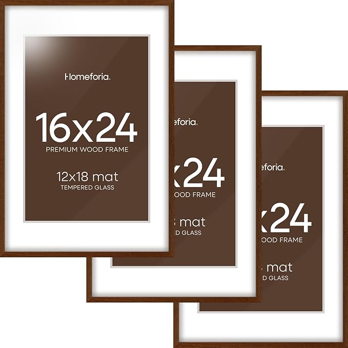 Homeforia Walnut Picture Frame 16x24, High End Dark Oak 16x24 Brown Wooden Frames with Mat 12x18, 16 x 24 Wood Poster Frame Matted to 12 by 18, 24x16 Hanging Frames, Tempered Glass, Wall Kit, Set of 3