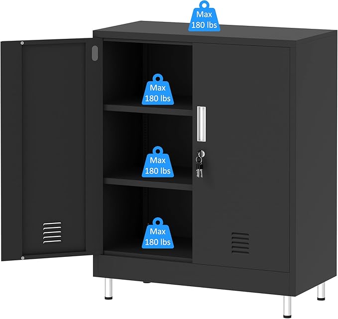 Metal Storage Cabinet with Locking Doors and 2 Adjustable Shelves, Lockable Storage Cabinet for Home Office Garage Pantry Living Room (Black)