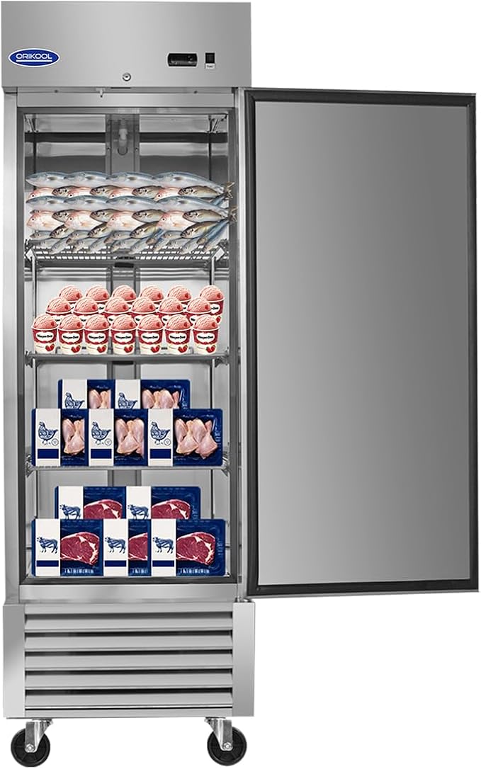 27"W Commercial Freezer,23 Cu.ft Refrigerator with 1 Solid Door Reach-In Freezers Stainless Steel,ETL Approved Upright Freeze Storage w/4 Casters,3 Adjustable Shelves,LED Light,for Restaurant,Silver