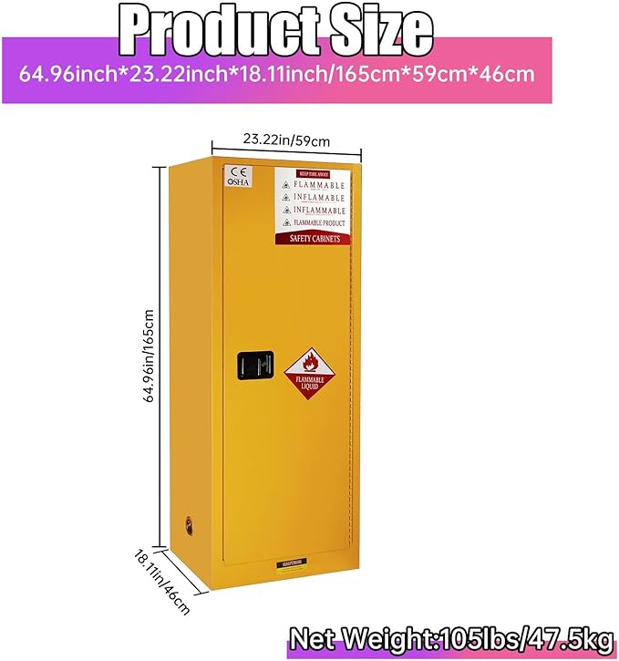 40 Gallon Flammable Storage Cabinet, 65x23x18in Galvanized Steel Safety Storage Cabinet, Adjustable Shelf Fireproof Cabinets, Flammable Liquid Storages Cabinets for Commercial Industrial and Home Use
