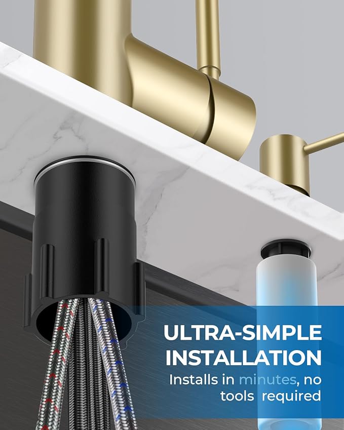 WEWE Kitchen Faucet with Soap Dispenser and Pull Down Sprayer, RV Single Handle Classic 3 Modes Stainless Steel Faucet for Kitchen Sink, RV, Gold